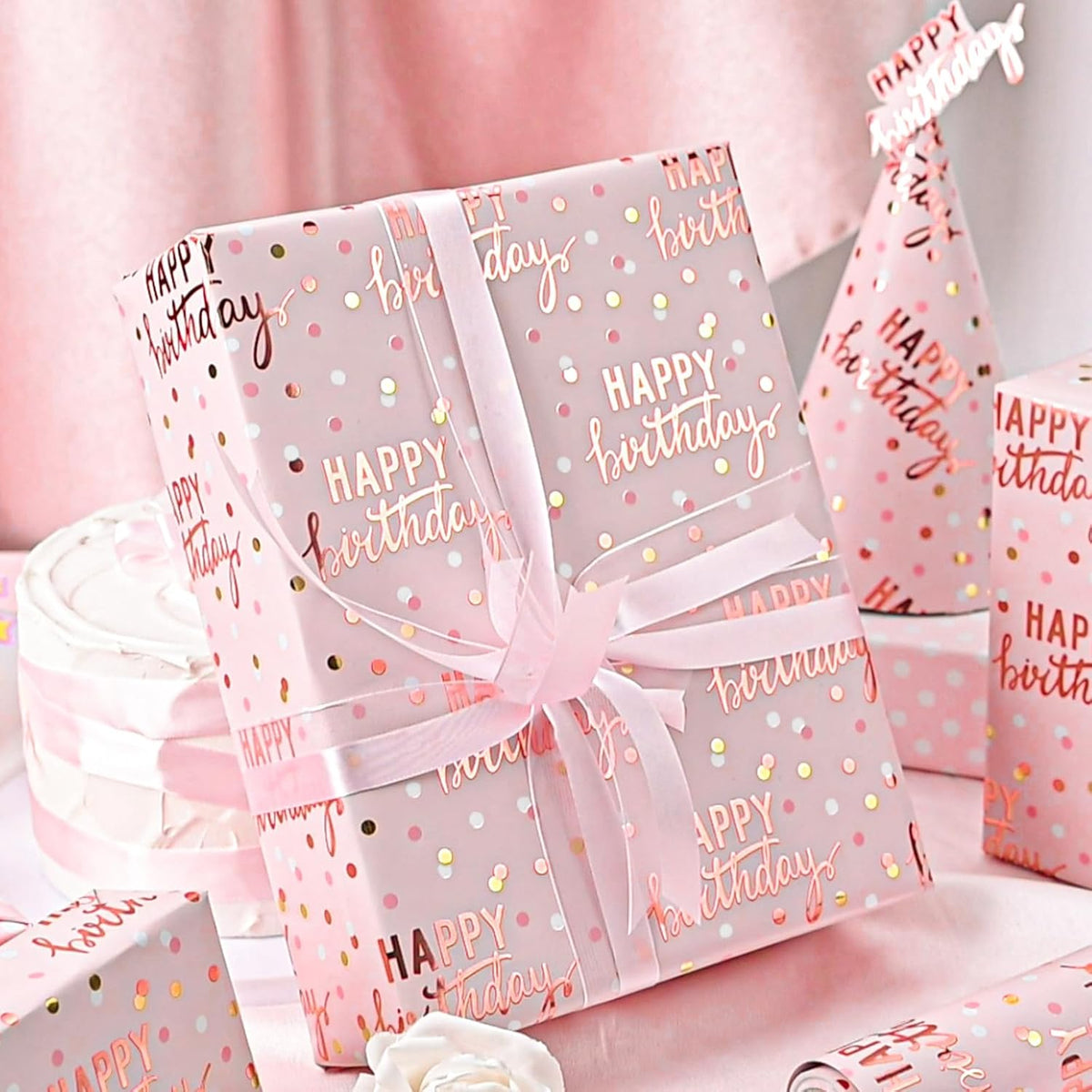 Reversible Pink Birthday Wrapping Paper Roll, Girl Gift Wrapping Paper, Metallic Foil Happy Birthday Pattern Girly Gift Wrap for Gift Packaging, Women Party, Celebrations (17 Inch x 33 Feet)