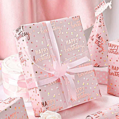Reversible Pink Birthday Wrapping Paper Roll, Girl Gift Wrapping Paper, Metallic Foil Happy Birthday Pattern Girly Gift Wrap for Gift Packaging, Women Party, Celebrations (17 Inch x 33 Feet)