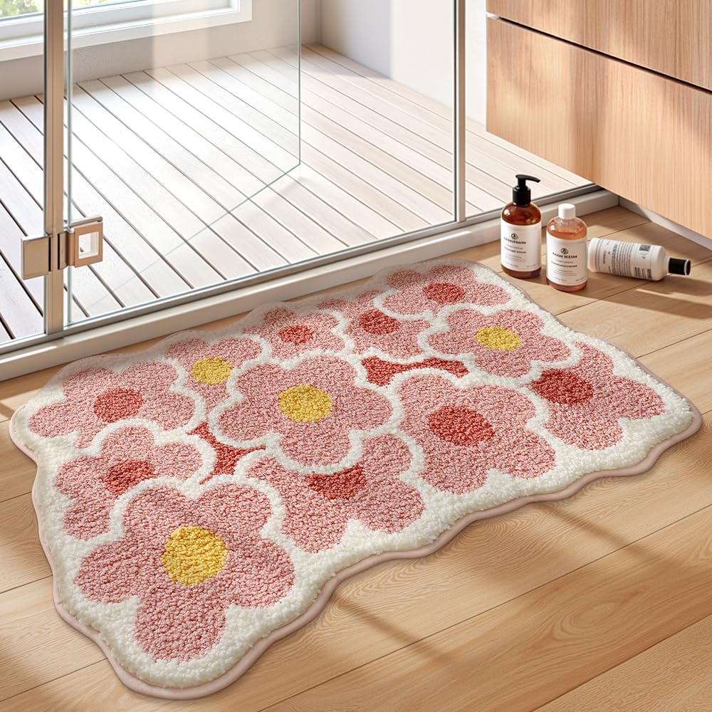 Flower Bath Mat,Pink Flower Bathroom Rug,32" x 20" Cute Bath Mat