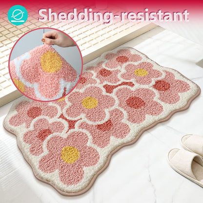 Flower Bath Mat,Pink Flower Bathroom Rug,32" x 20" Cute Bath Mat