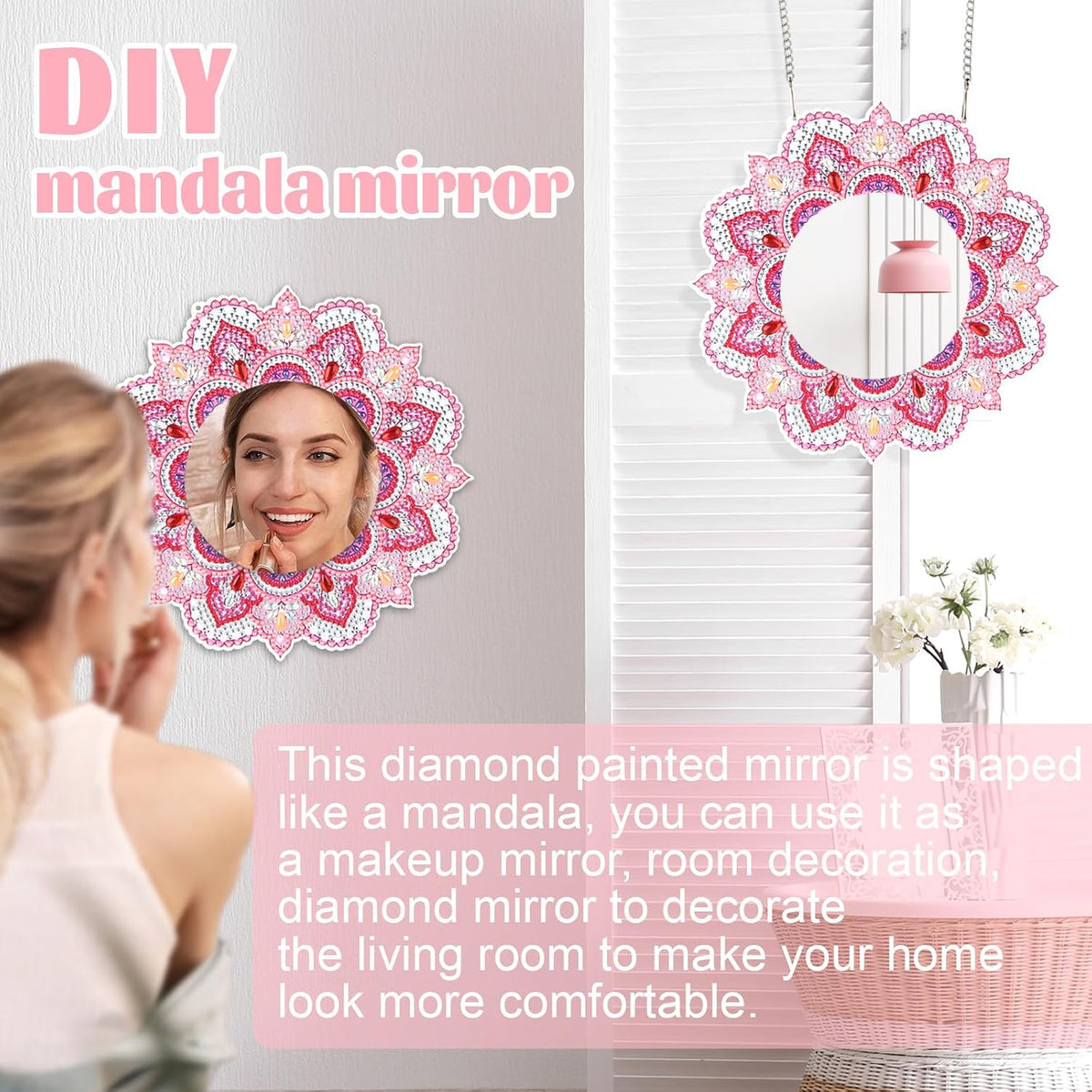 DIY Diamond Painting Mirror for Adults DIY Special Shaped Crystal Diamond Painting Kit Mirror Makeup Mirror Christmas Halloween Birthday Gifts Art Crafts Home Decor (Pink)