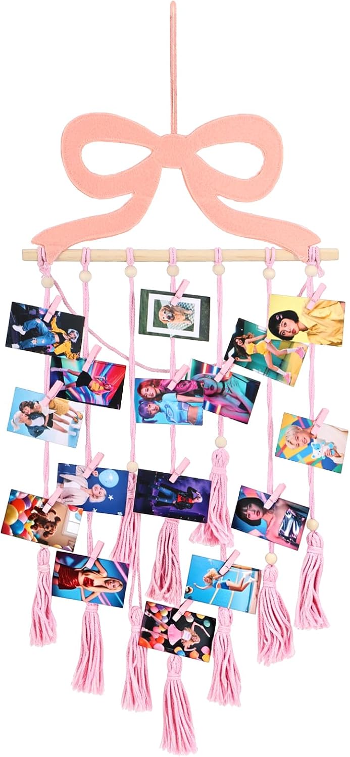 Pink Bow Hanging Photo Display Wall Decor Coquette Photo Display with 30 Pink Clips Picture Frame Collage Holder for Bedroom Wedding Graduation Christmas Coquette Party and Teenage Gifts