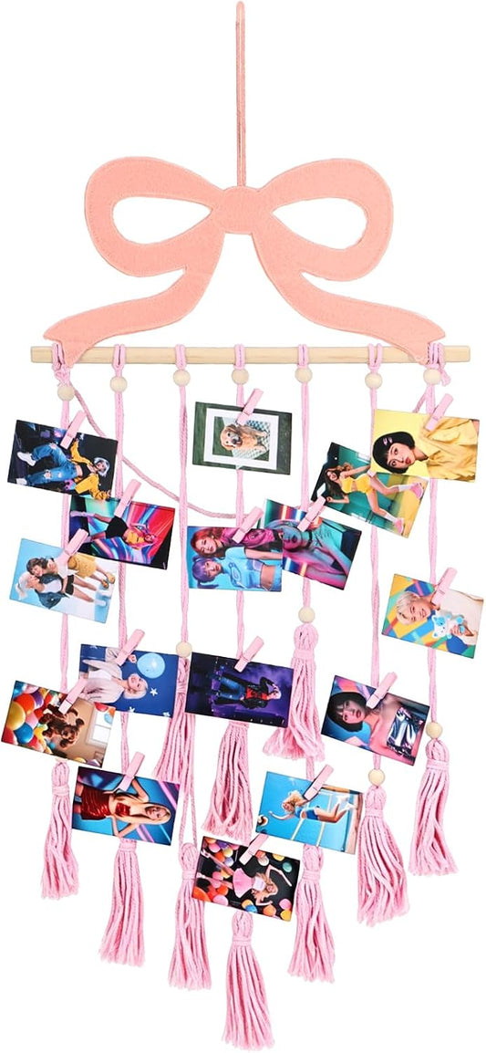 Pink Bow Hanging Photo Display Wall Decor Coquette Photo Display with 30 Pink Clips Picture Frame Collage Holder for Bedroom Wedding Graduation Christmas Coquette Party and Teenage Gifts