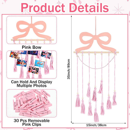 Pink Bow Hanging Photo Display Wall Decor Coquette Photo Display with 30 Pink Clips Picture Frame Collage Holder for Bedroom Wedding Graduation Christmas Coquette Party and Teenage Gifts