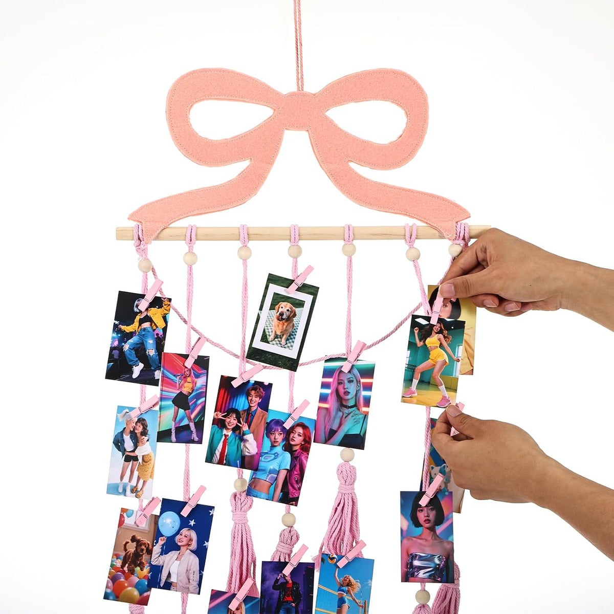 Pink Bow Hanging Photo Display Wall Decor Coquette Photo Display with 30 Pink Clips Picture Frame Collage Holder for Bedroom Wedding Graduation Christmas Coquette Party and Teenage Gifts