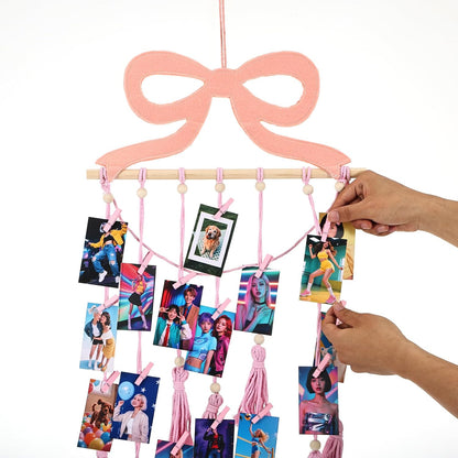 Pink Bow Hanging Photo Display Wall Decor Coquette Photo Display with 30 Pink Clips Picture Frame Collage Holder for Bedroom Wedding Graduation Christmas Coquette Party and Teenage Gifts