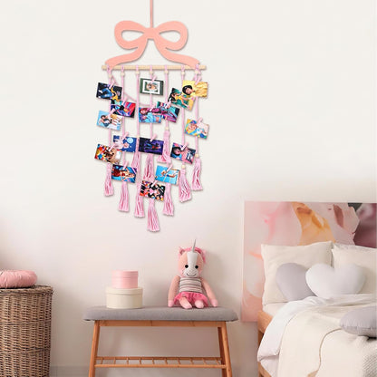 Pink Bow Hanging Photo Display Wall Decor Coquette Photo Display with 30 Pink Clips Picture Frame Collage Holder for Bedroom Wedding Graduation Christmas Coquette Party and Teenage Gifts