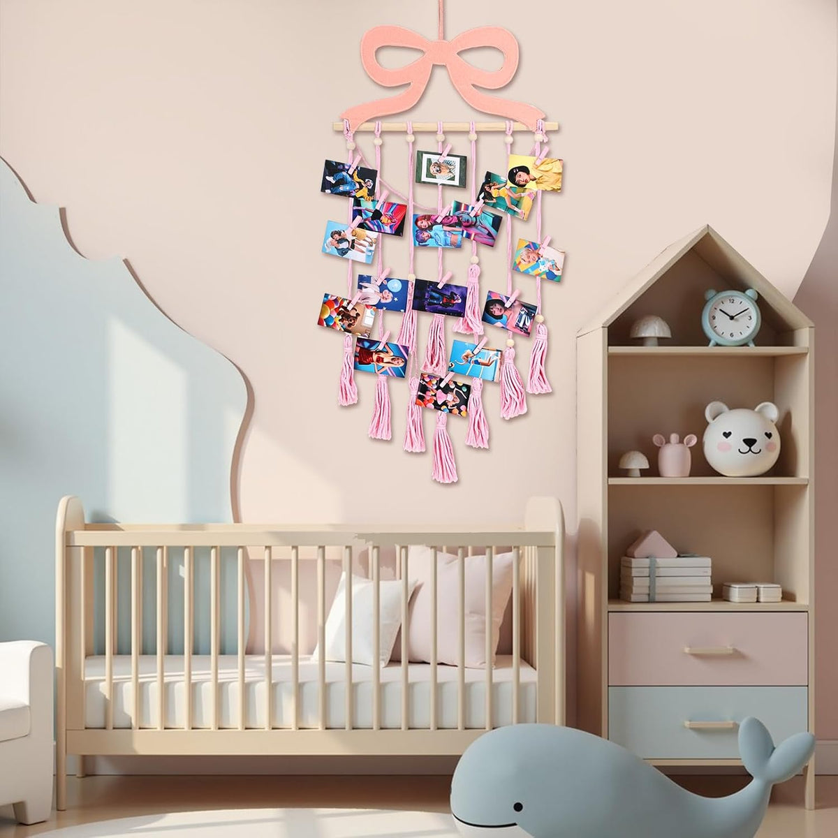 Pink Bow Hanging Photo Display Wall Decor Coquette Photo Display with 30 Pink Clips Picture Frame Collage Holder for Bedroom Wedding Graduation Christmas Coquette Party and Teenage Gifts