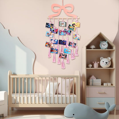 Pink Bow Hanging Photo Display Wall Decor Coquette Photo Display with 30 Pink Clips Picture Frame Collage Holder for Bedroom Wedding Graduation Christmas Coquette Party and Teenage Gifts
