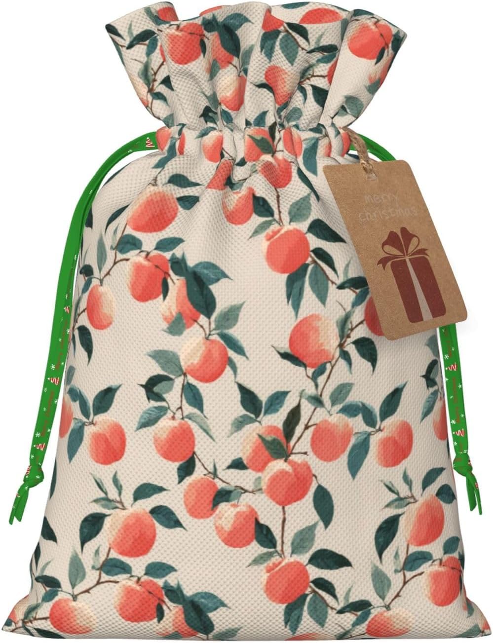 Fruits Peach (3) Print Christmas Drawstring Gift Bags, Reusable Candy Treat Bags For Holiday Birthday Party