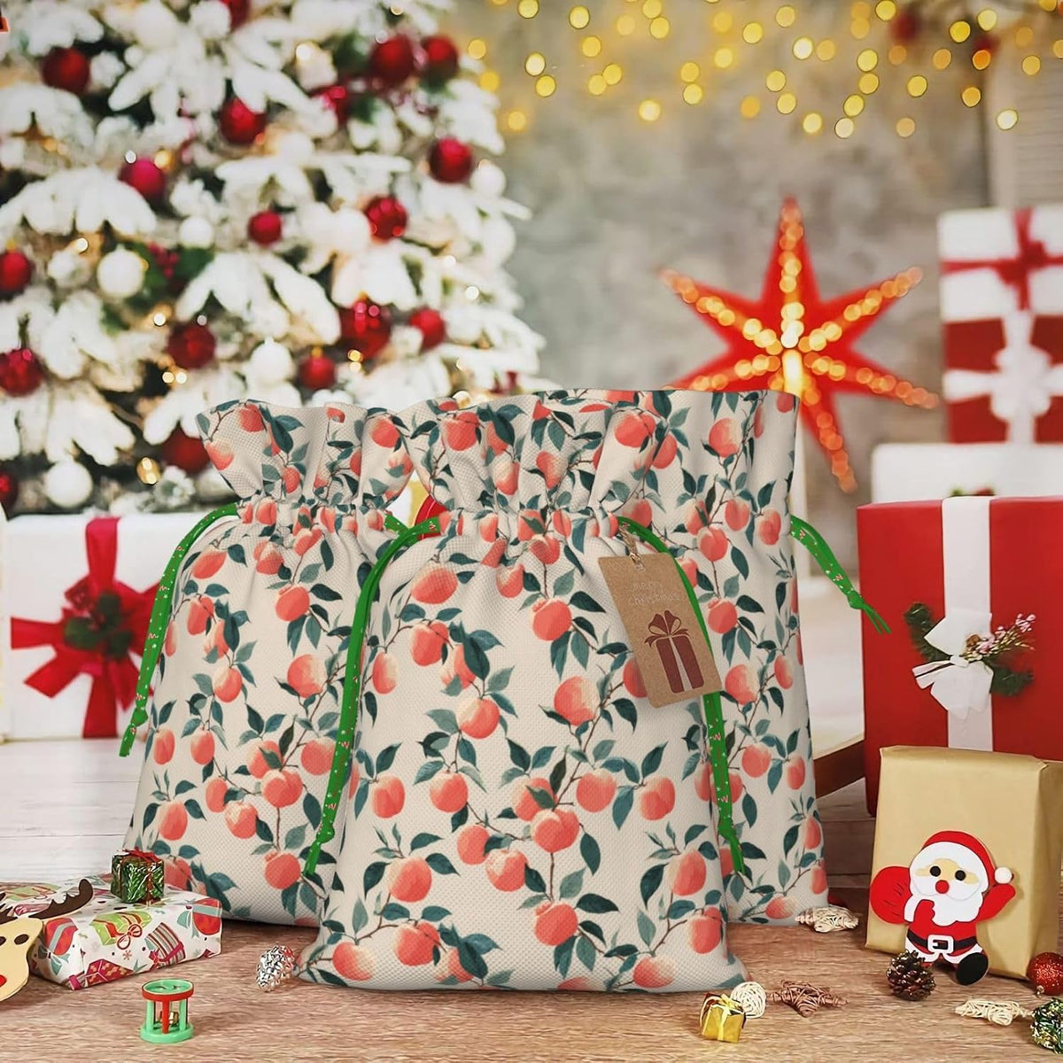 Fruits Peach (3) Print Christmas Drawstring Gift Bags, Reusable Candy Treat Bags For Holiday Birthday Party