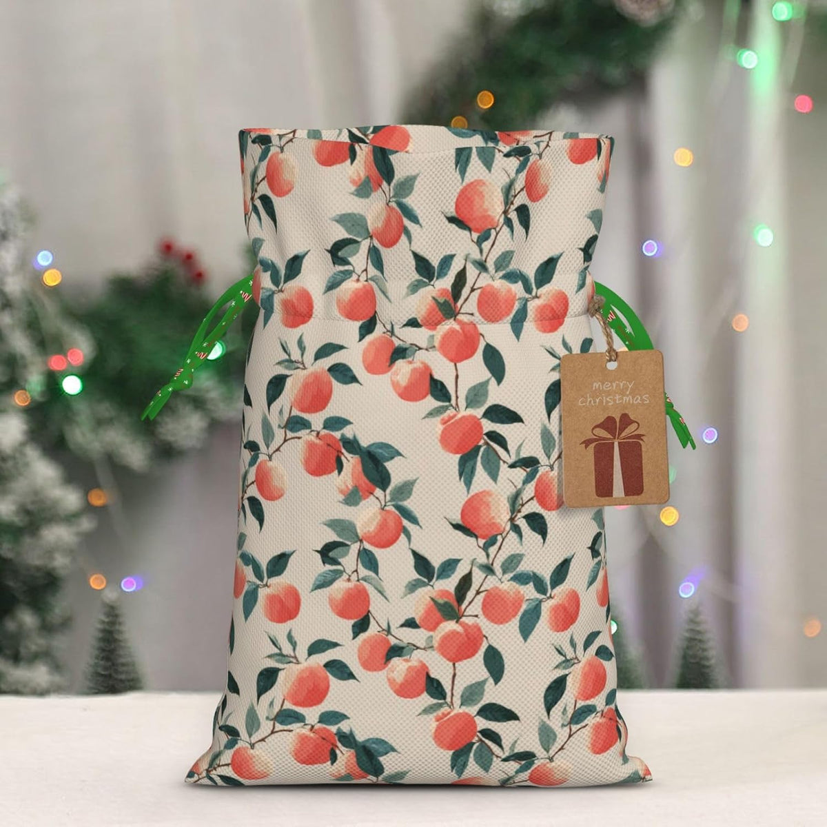 Fruits Peach (3) Print Christmas Drawstring Gift Bags, Reusable Candy Treat Bags For Holiday Birthday Party
