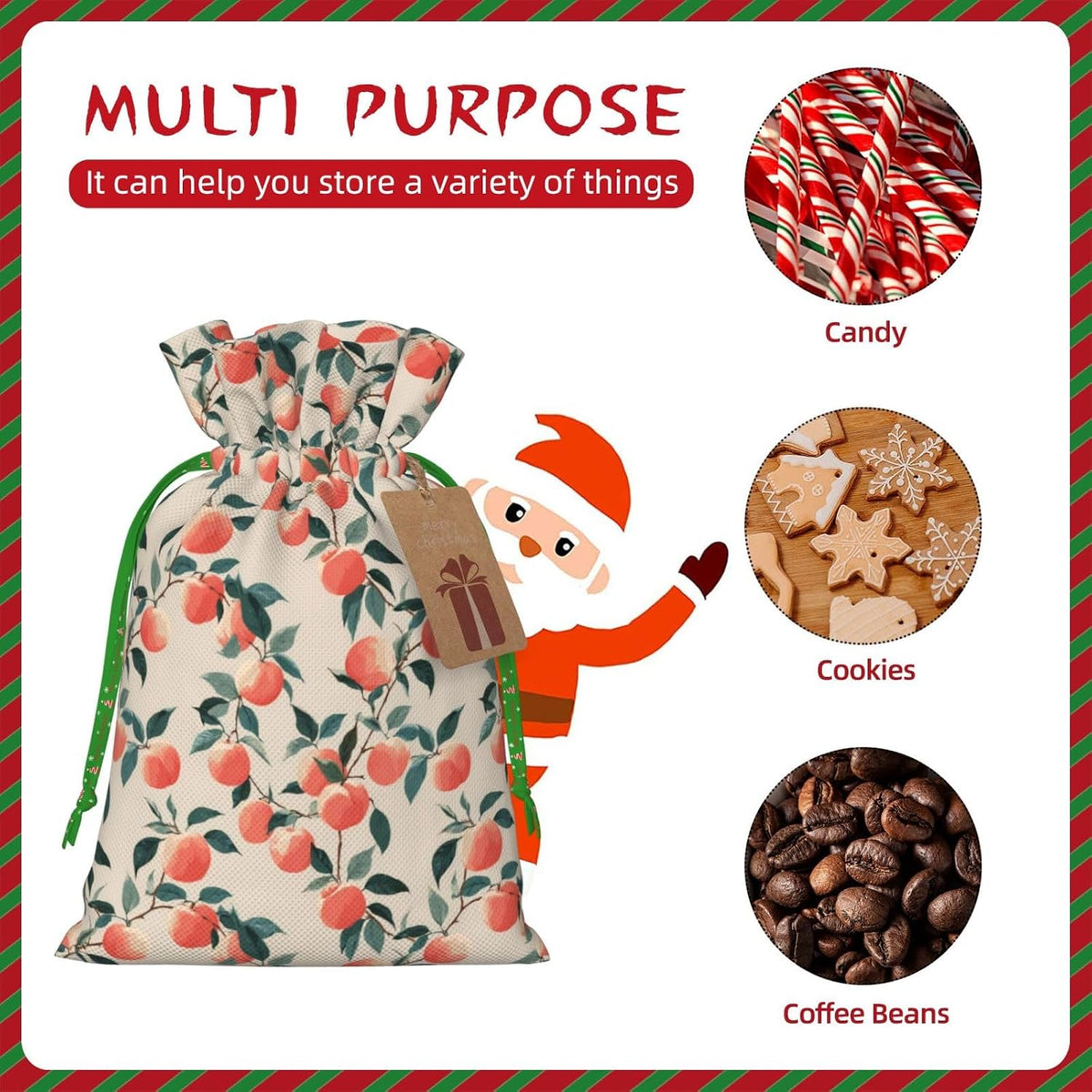Fruits Peach (3) Print Christmas Drawstring Gift Bags, Reusable Candy Treat Bags For Holiday Birthday Party