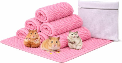 6 PCS Guinea Pig Fleece Cage Liners – Soft, Absorbent & Washable Multi-Piece Set with Laundry Bag, Durable, Portable, Easy-Clean Bedding for Small Pets, Rabbits, Hamsters (Pink)