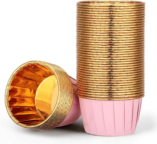 Cupcake Liners, 50pcs 3.5oz Aluminum Foil Wrappers Muffin Cupcake Containers, Disposable Dessert Ramekins Paper Baking Cups Mini Cheesecakes Holders for Birthday Wedding Party-Pink/Gold
