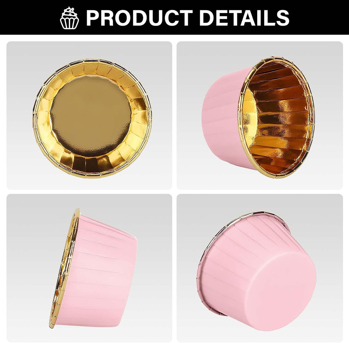 Cupcake Liners, 50pcs 3.5oz Aluminum Foil Wrappers Muffin Cupcake Containers, Disposable Dessert Ramekins Paper Baking Cups Mini Cheesecakes Holders for Birthday Wedding Party-Pink/Gold