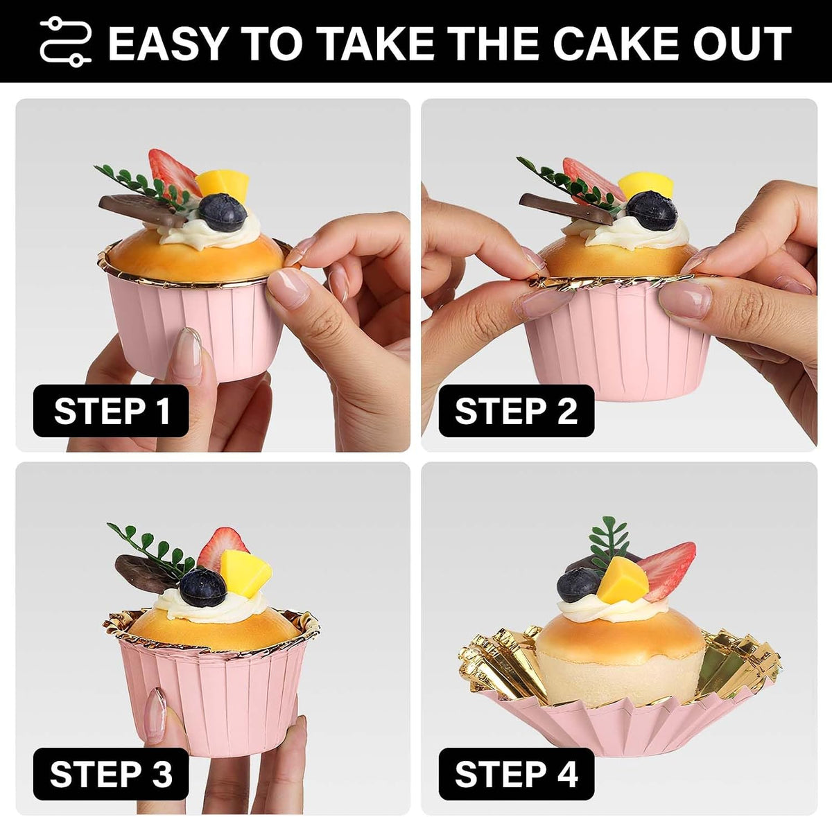 Cupcake Liners, 50pcs 3.5oz Aluminum Foil Wrappers Muffin Cupcake Containers, Disposable Dessert Ramekins Paper Baking Cups Mini Cheesecakes Holders for Birthday Wedding Party-Pink/Gold