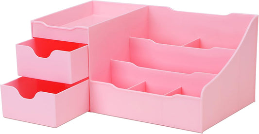 Makeup Organizer With Drawers - Cute Kawaii Countertop Storage for Cosmetics, Pretty Vanity Holder for Perfume, Skincare, Brush, Lipstick, Nail Polish and other Accessories (Pink)