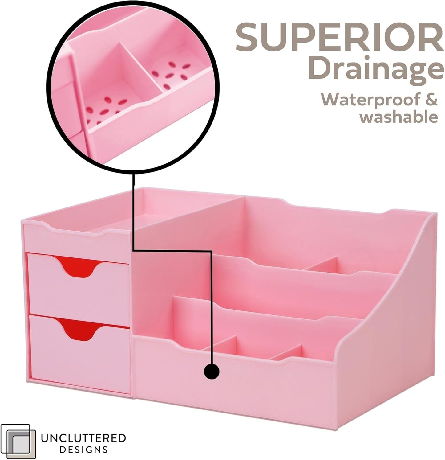 Makeup Organizer With Drawers - Cute Kawaii Countertop Storage for Cosmetics, Pretty Vanity Holder for Perfume, Skincare, Brush, Lipstick, Nail Polish and other Accessories (Pink)