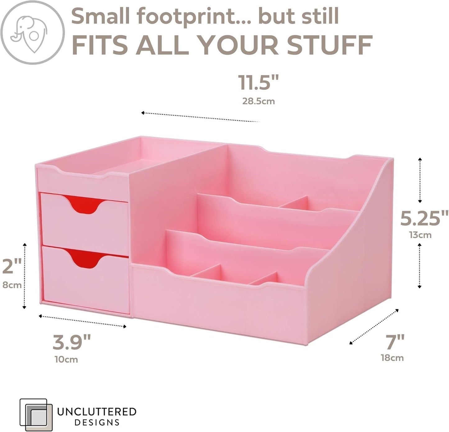 Makeup Organizer With Drawers - Cute Kawaii Countertop Storage for Cosmetics, Pretty Vanity Holder for Perfume, Skincare, Brush, Lipstick, Nail Polish and other Accessories (Pink)
