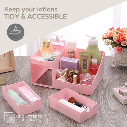 Makeup Organizer With Drawers - Cute Kawaii Countertop Storage for Cosmetics, Pretty Vanity Holder for Perfume, Skincare, Brush, Lipstick, Nail Polish and other Accessories (Pink)