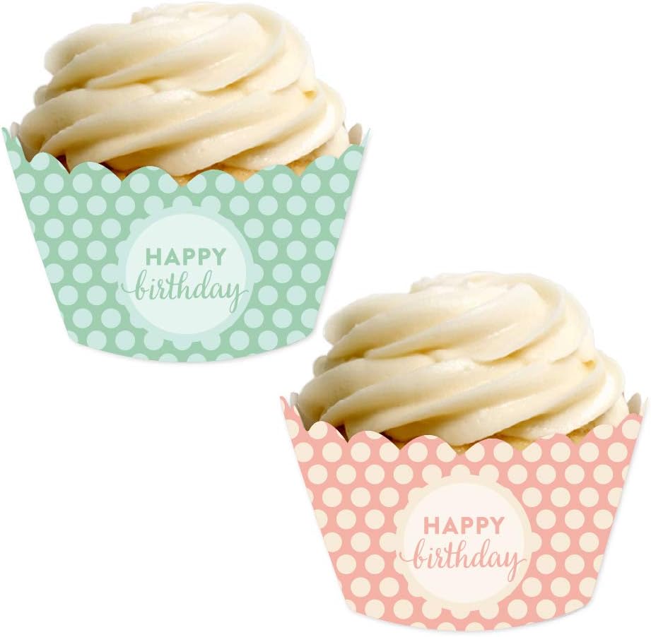 Birthday Party Cupcake Wrapper Decorations, Peach and Mint Green Polka Dots, Happy Birthday, 24-Pack