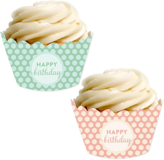 Birthday Party Cupcake Wrapper Decorations, Peach and Mint Green Polka Dots, Happy Birthday, 24-Pack