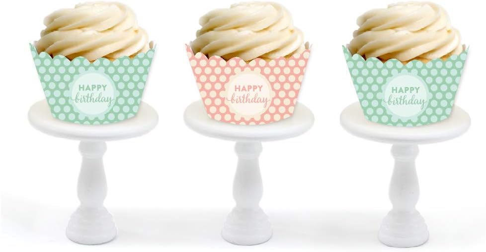 Birthday Party Cupcake Wrapper Decorations, Peach and Mint Green Polka Dots, Happy Birthday, 24-Pack