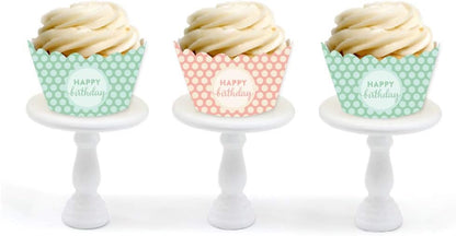 Birthday Party Cupcake Wrapper Decorations, Peach and Mint Green Polka Dots, Happy Birthday, 24-Pack
