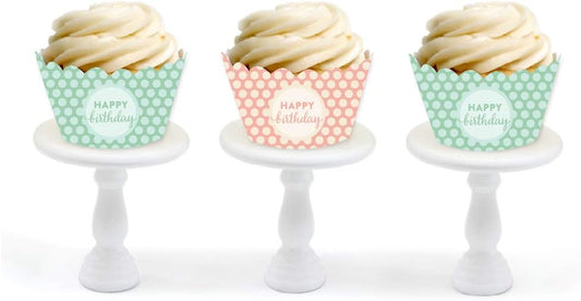 Birthday Party Cupcake Wrapper Decorations, Peach and Mint Green Polka Dots, Happy Birthday, 24-Pack