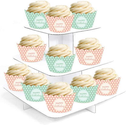 Birthday Party Cupcake Wrapper Decorations, Peach and Mint Green Polka Dots, Happy Birthday, 24-Pack