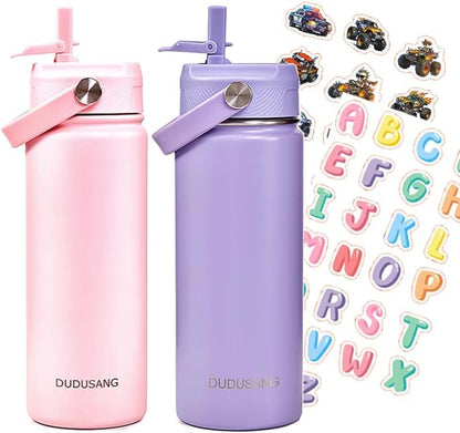 2Pack 18oz Kids Insulated Water Bottle - Bulk Stainless Steel Water Bottles for School Boys/Girls Flip Top Leak Spill Proof Vacuum Metal Cups BPA Free Thermos(Light Pink, 18 Ounces)