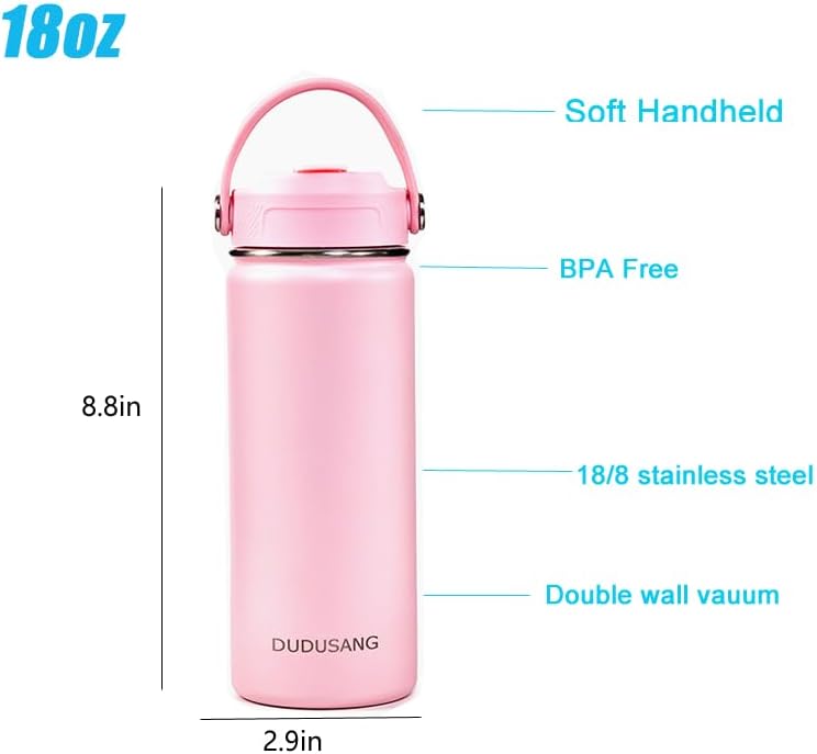 2Pack 18oz Kids Insulated Water Bottle - Bulk Stainless Steel Water Bottles for School Boys/Girls Flip Top Leak Spill Proof Vacuum Metal Cups BPA Free Thermos(Light Pink, 18 Ounces)