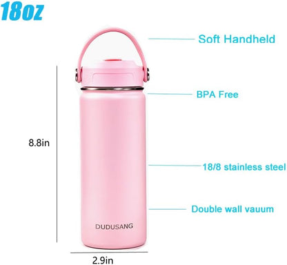 2Pack 18oz Kids Insulated Water Bottle - Bulk Stainless Steel Water Bottles for School Boys/Girls Flip Top Leak Spill Proof Vacuum Metal Cups BPA Free Thermos(Light Pink, 18 Ounces)