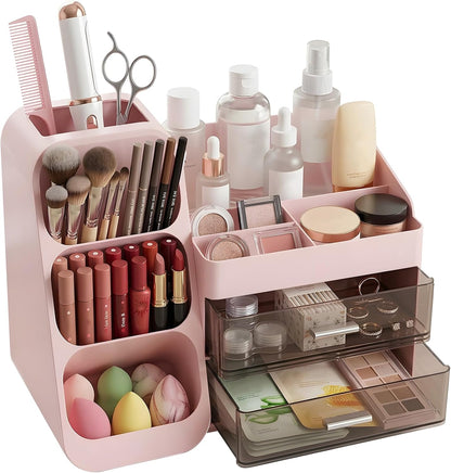 Makeup Organizer with 2 Drawers & Brush Holder, Large Plastic Vanity Organizer for Bathroom Countertop, Skincare Cosmetic Display Case for Lipsticks, Eyeshadow Palettes, Nail Polishes, Perfumes, Pink