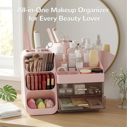Makeup Organizer with 2 Drawers & Brush Holder, Large Plastic Vanity Organizer for Bathroom Countertop, Skincare Cosmetic Display Case for Lipsticks, Eyeshadow Palettes, Nail Polishes, Perfumes, Pink
