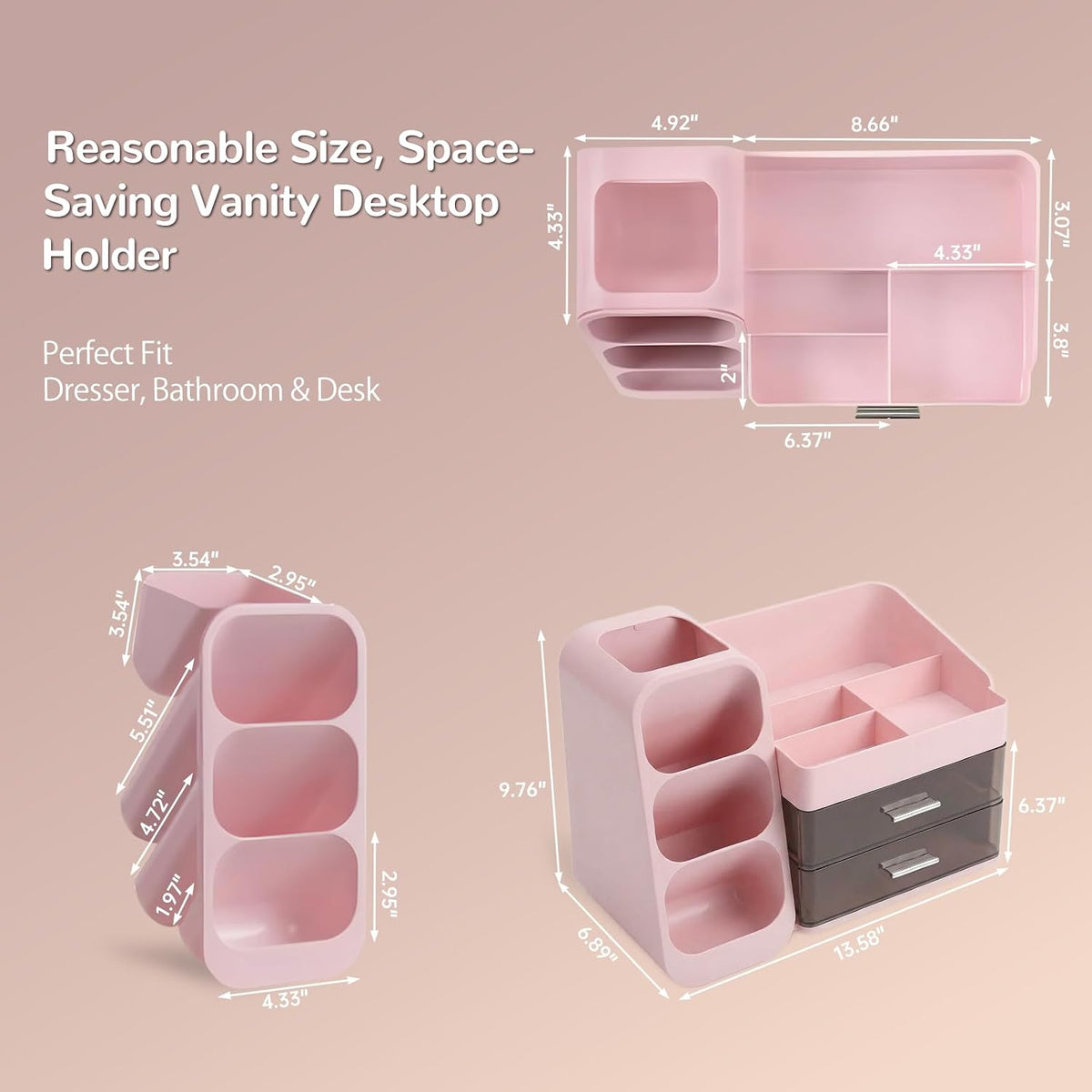 Makeup Organizer with 2 Drawers & Brush Holder, Large Plastic Vanity Organizer for Bathroom Countertop, Skincare Cosmetic Display Case for Lipsticks, Eyeshadow Palettes, Nail Polishes, Perfumes, Pink