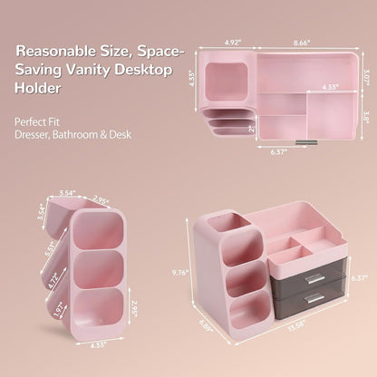 Makeup Organizer with 2 Drawers & Brush Holder, Large Plastic Vanity Organizer for Bathroom Countertop, Skincare Cosmetic Display Case for Lipsticks, Eyeshadow Palettes, Nail Polishes, Perfumes, Pink