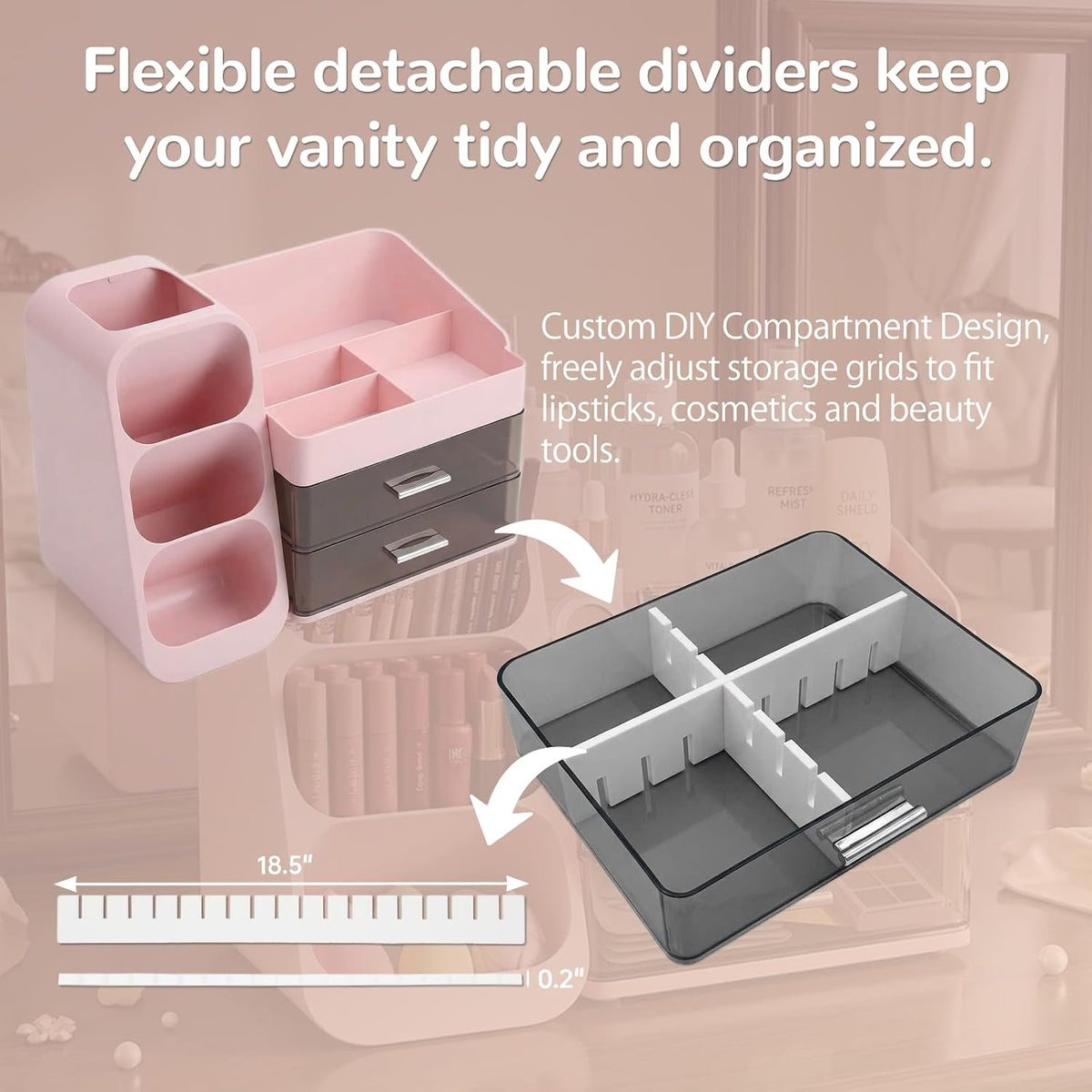 Makeup Organizer with 2 Drawers & Brush Holder, Large Plastic Vanity Organizer for Bathroom Countertop, Skincare Cosmetic Display Case for Lipsticks, Eyeshadow Palettes, Nail Polishes, Perfumes, Pink