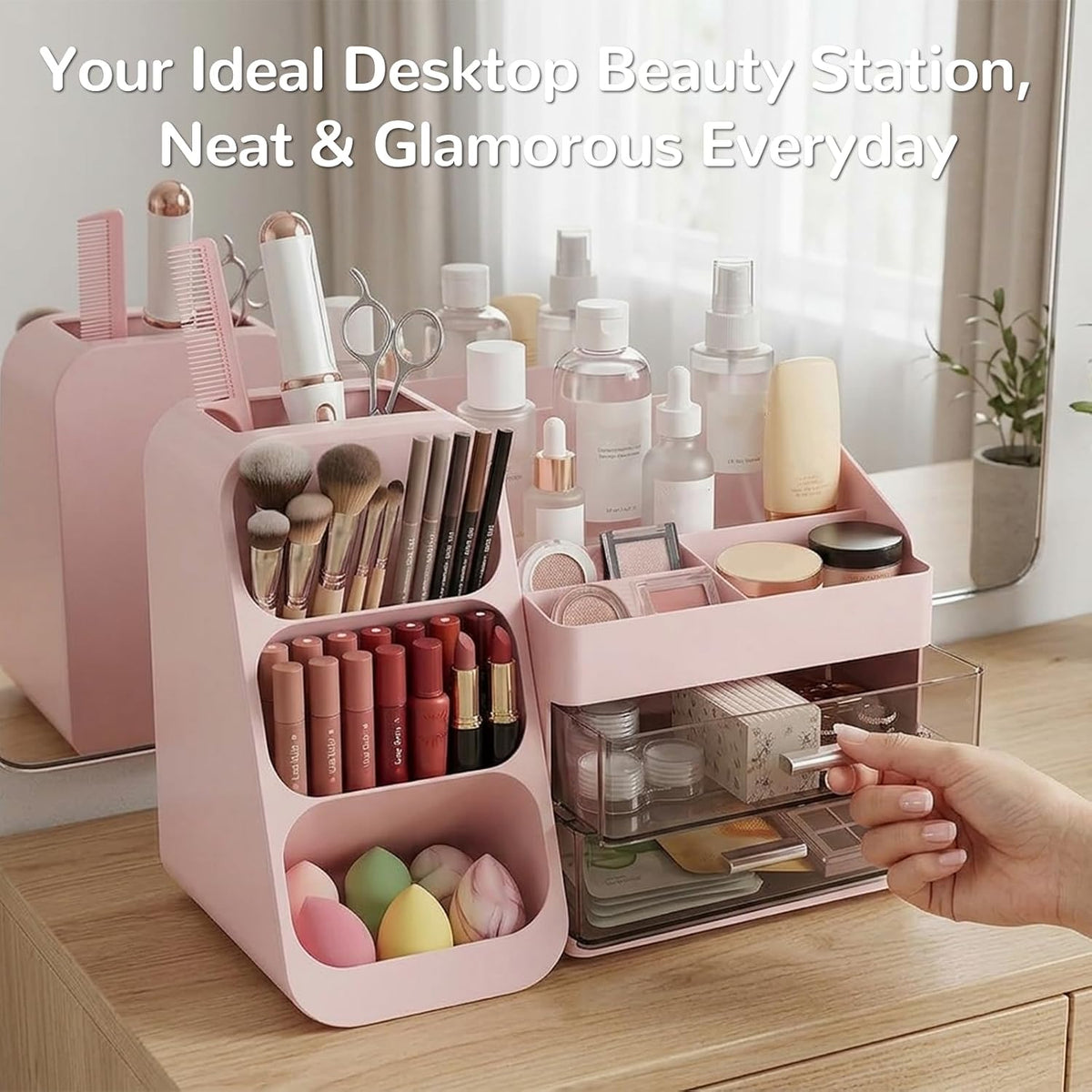 Makeup Organizer with 2 Drawers & Brush Holder, Large Plastic Vanity Organizer for Bathroom Countertop, Skincare Cosmetic Display Case for Lipsticks, Eyeshadow Palettes, Nail Polishes, Perfumes, Pink