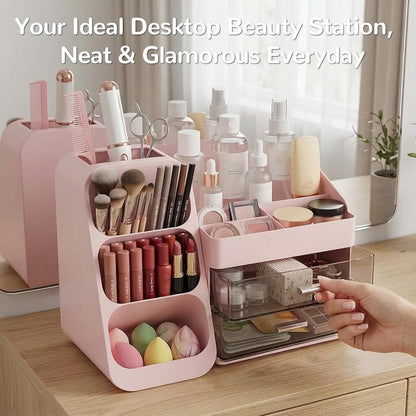 Makeup Organizer with 2 Drawers & Brush Holder, Large Plastic Vanity Organizer for Bathroom Countertop, Skincare Cosmetic Display Case for Lipsticks, Eyeshadow Palettes, Nail Polishes, Perfumes, Pink