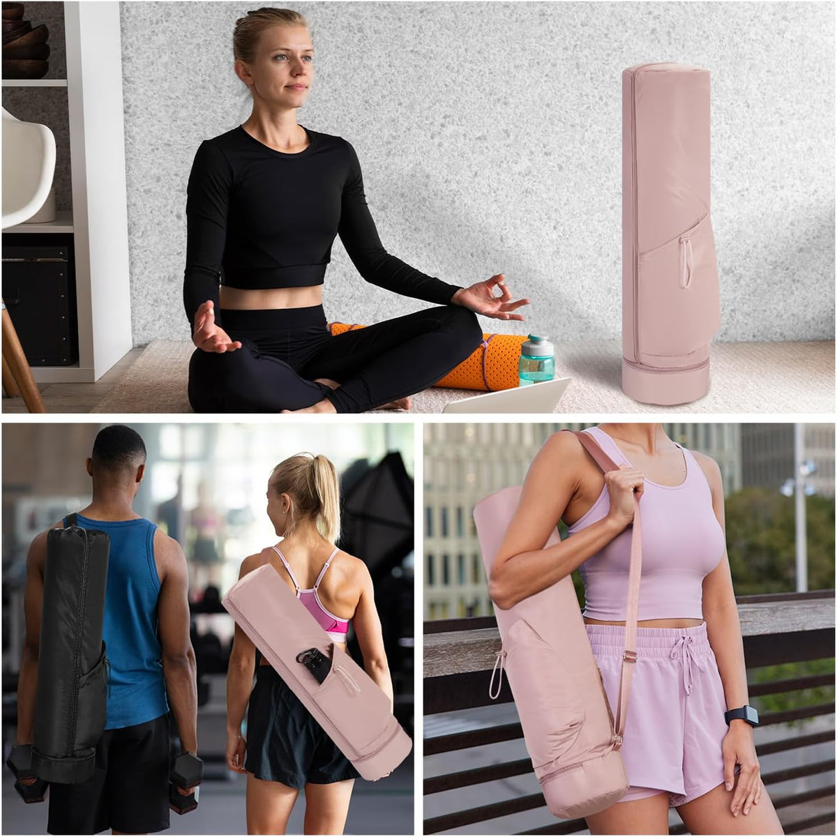 Yoga Mat Bag, Full Zip Cargo Yoga Mat Carrier Bag with Drawstring Water Bottle Pocket and Bottom Wet Pocket, Exercise Yoga Mat Carrier Holder Multi-Functional Storage Bag Patent Pending