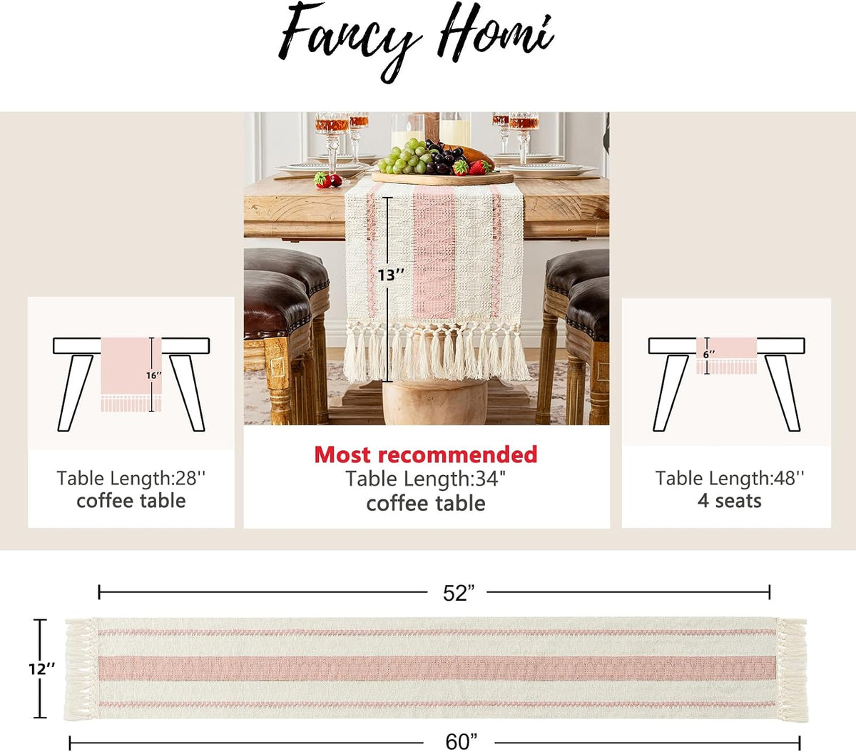 Pink Table Runner 60 Inches Long Boho Macrame Table Runner for Home Decor, Farmhouse Table Runners with Tassels for Party Bohemian Rustic Bridal Shower Dining Decor 12x60 Inches