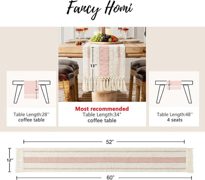 Pink Table Runner 60 Inches Long Boho Macrame Table Runner for Home Decor, Farmhouse Table Runners with Tassels for Party Bohemian Rustic Bridal Shower Dining Decor 12x60 Inches
