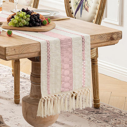 Pink Table Runner 60 Inches Long Boho Macrame Table Runner for Home Decor, Farmhouse Table Runners with Tassels for Party Bohemian Rustic Bridal Shower Dining Decor 12x60 Inches