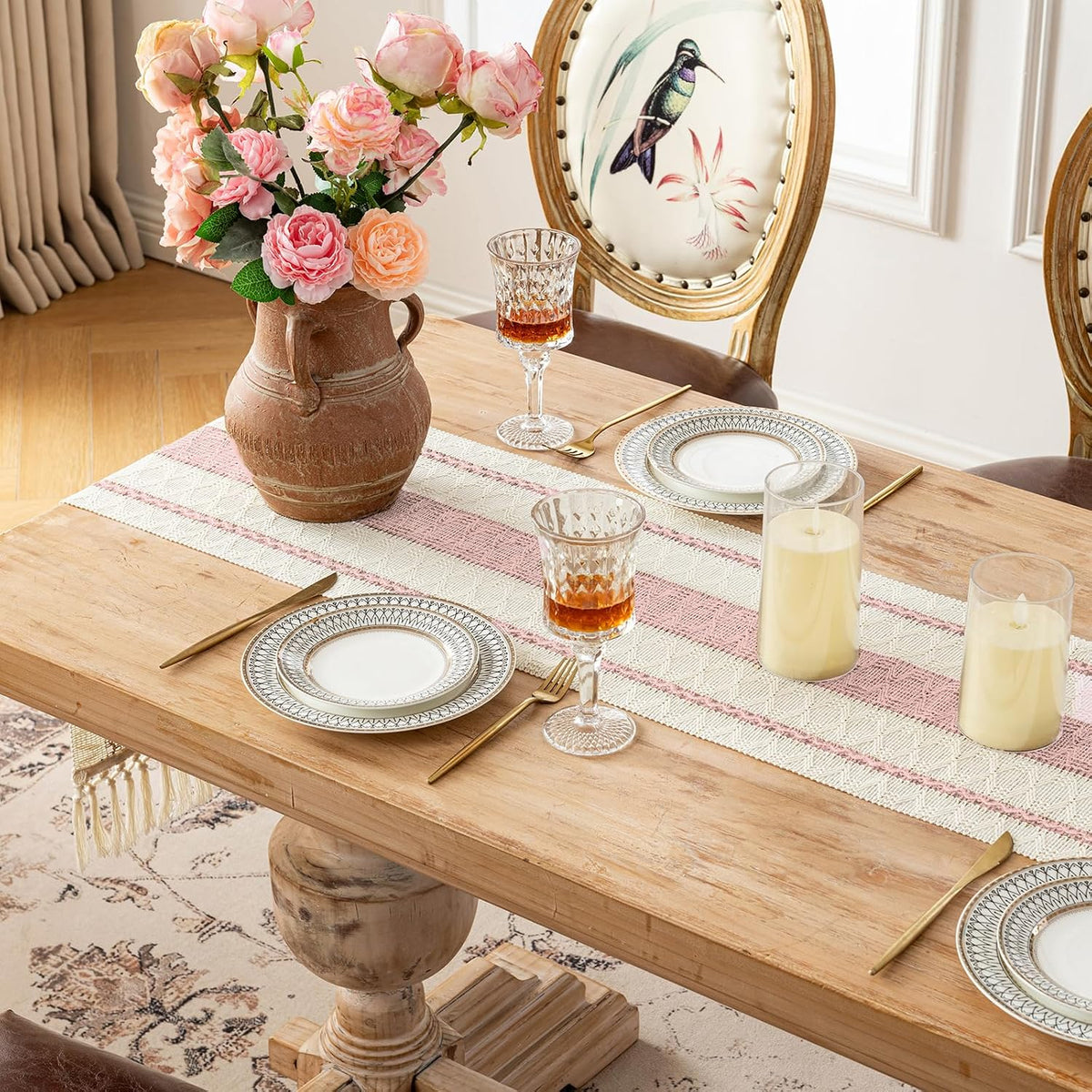 Pink Table Runner 60 Inches Long Boho Macrame Table Runner for Home Decor, Farmhouse Table Runners with Tassels for Party Bohemian Rustic Bridal Shower Dining Decor 12x60 Inches