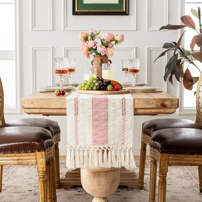 Pink Table Runner 60 Inches Long Boho Macrame Table Runner for Home Decor, Farmhouse Table Runners with Tassels for Party Bohemian Rustic Bridal Shower Dining Decor 12x60 Inches