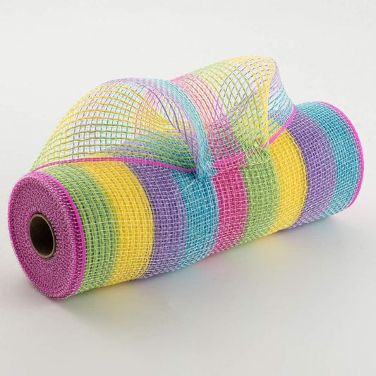Craig Bachman 10.25" x 10 Yards Faux Jute Wide Stripe Deco Mesh, Pink Green Yellow Lavender Turquoise Multi-Color Mesh for Wreaths, Spring Easter Summer Decor, RY8316D8