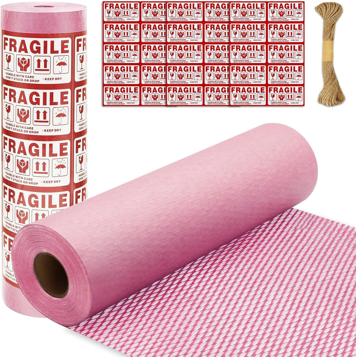 Honeycomb Packing Paper 15" x 131' Eco Friendly Packing Paper for Moving Recyclable Honeycomb Paper Bubble Paper Wrapping with 30 Fragile Sticker Labels and 66fthemp rope (Pink)
