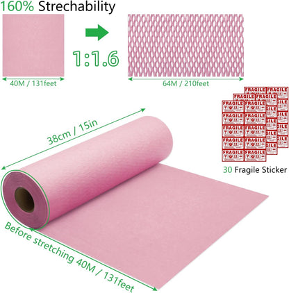 Honeycomb Packing Paper 15" x 131' Eco Friendly Packing Paper for Moving Recyclable Honeycomb Paper Bubble Paper Wrapping with 30 Fragile Sticker Labels and 66fthemp rope (Pink)